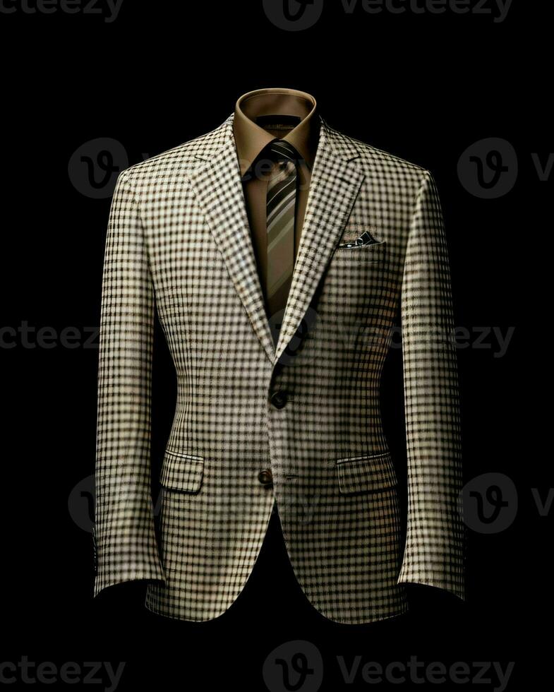 AI generated Elegant Beige Men's Suit with Gingham Motif Isolated on Black Background. Generative AI photo