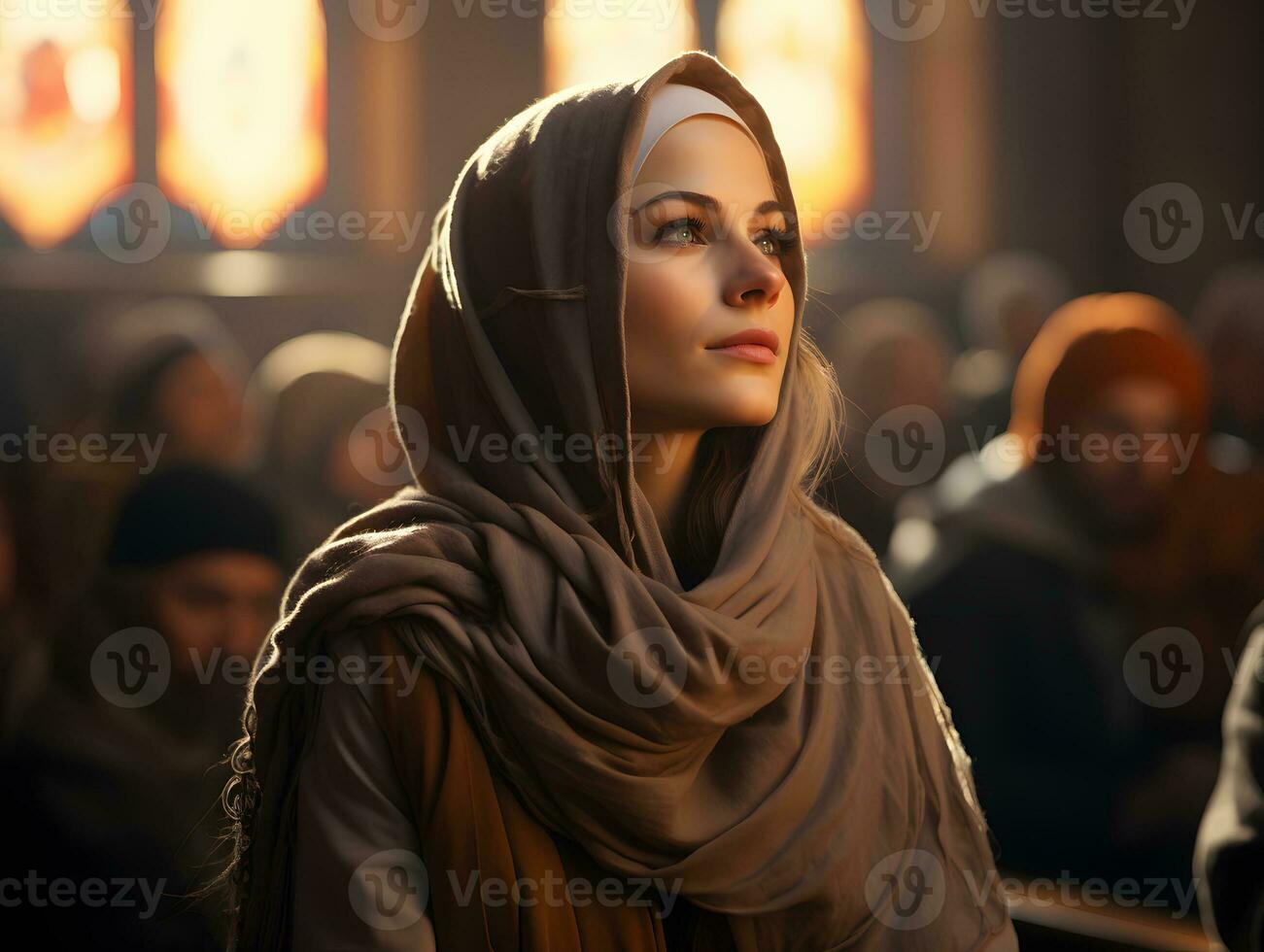 ai generado hermosa musulmán mujer en hijab se sienta en mezquita, escuchando a sermón, generativo ai foto