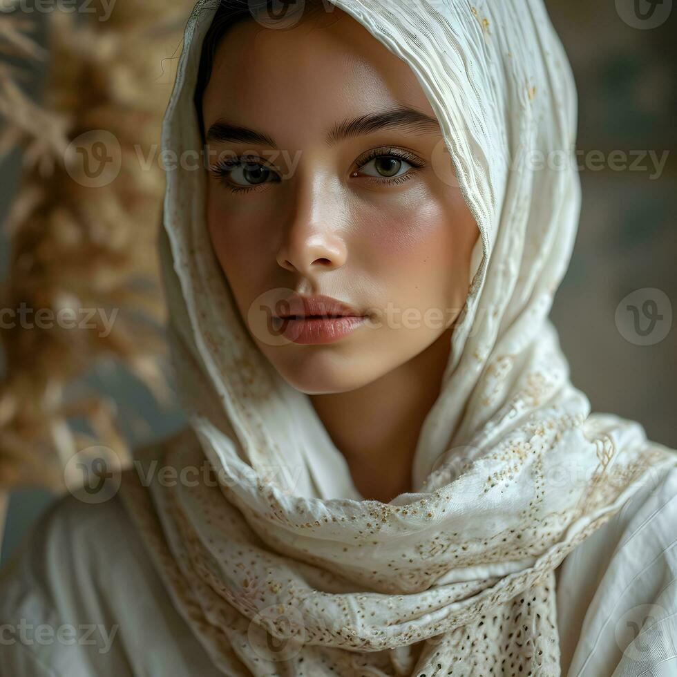 ai generado retrato de un hermosa y exótico joven musulmán mujer con blanco hiyab generativo ai foto