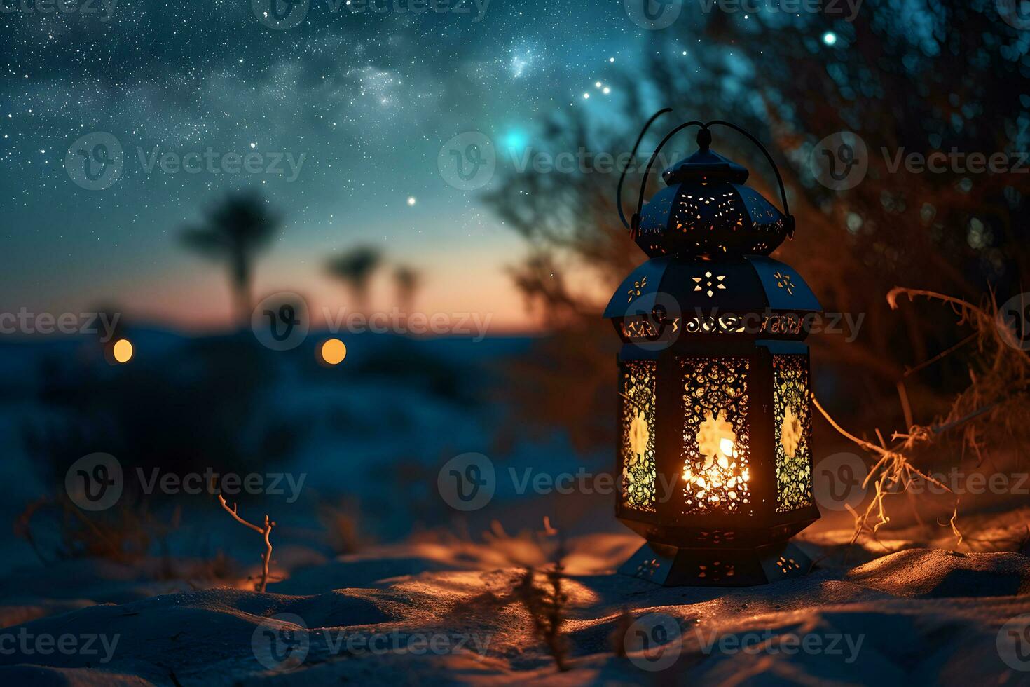 AI generated Arabic Lantern in the Desert at Sunset. Ramadan Kareem Background. Muslim Holy Month. Generative Ai photo