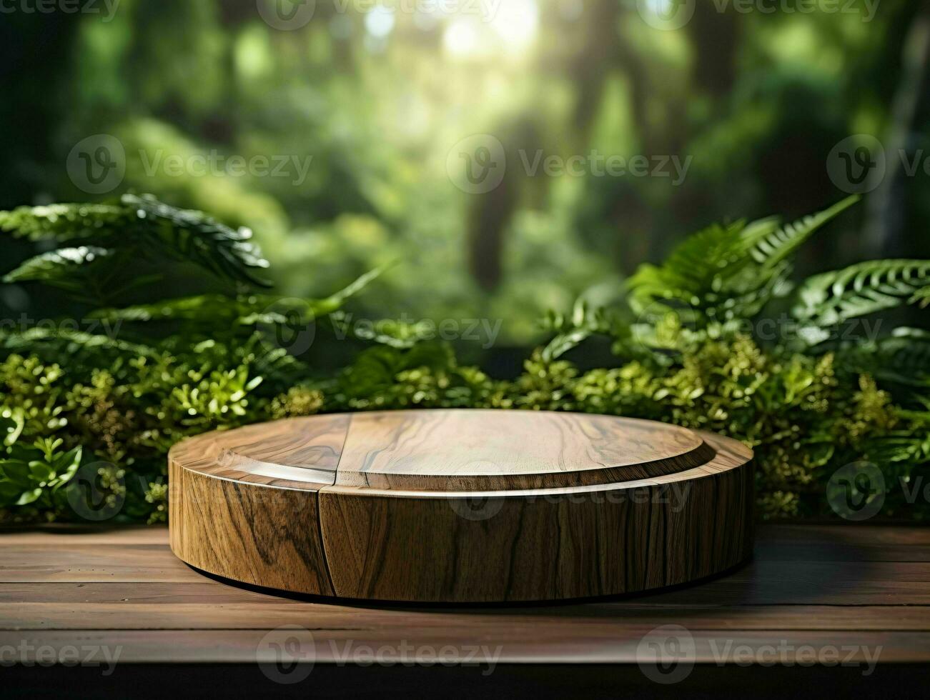 AI generated Wooden Product Display Podium with Nature Background. Natural Product Placement Pedestal Stand. Generative AI photo