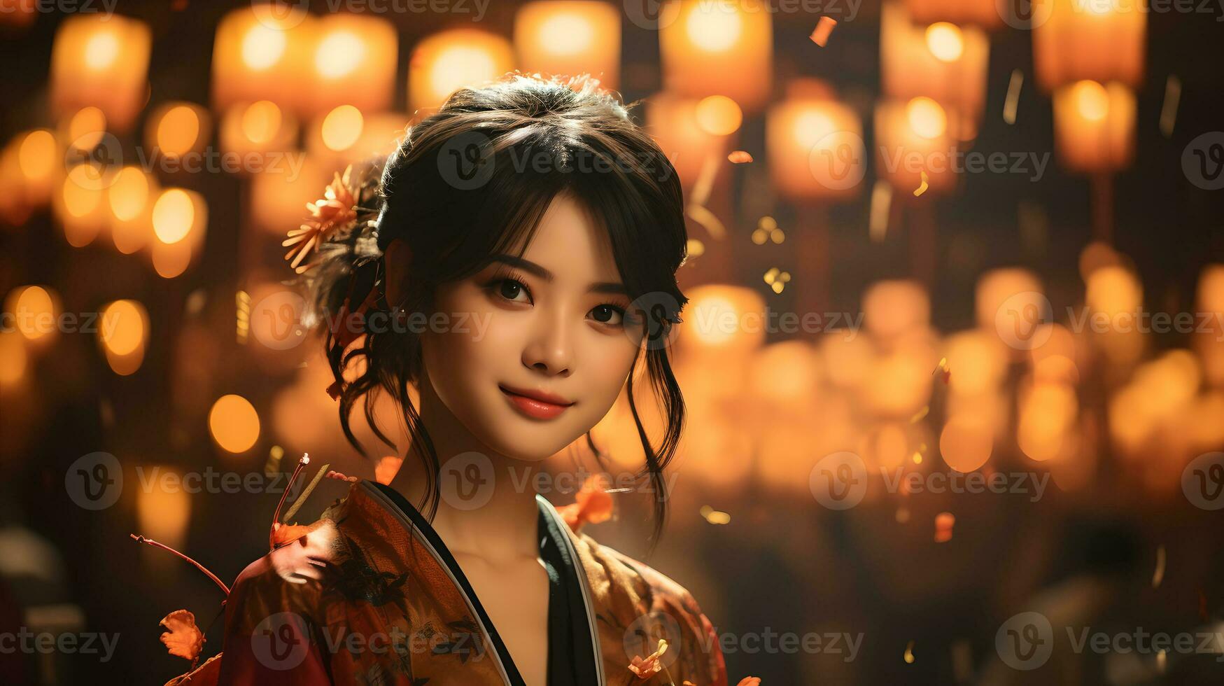 AI generated Beautiful Short Haired Asian Woman in Traditional Dress with Blurred Lantern Background. Asian Women Celebrate the Lunar New Year Festival. Generative Ai photo