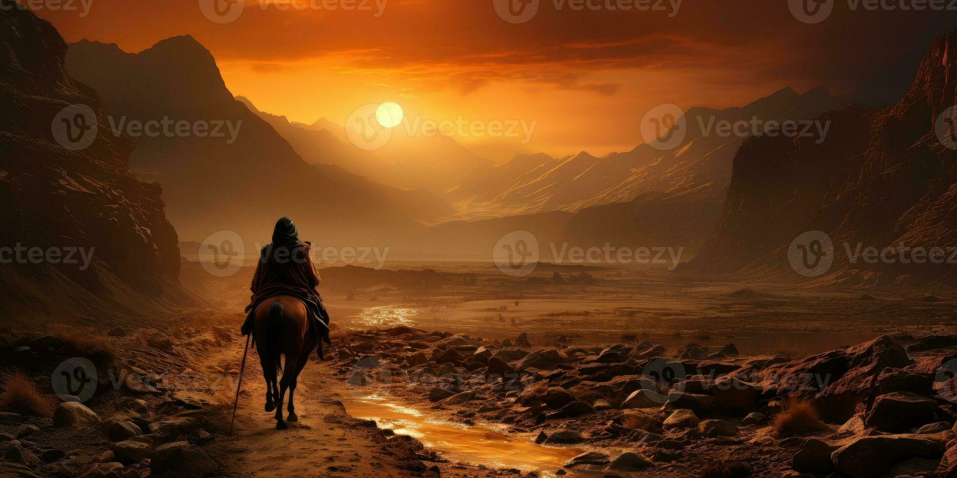 AI generated Arabian People Doing a Long Journey on Foot and Horseback. Generative AI photo