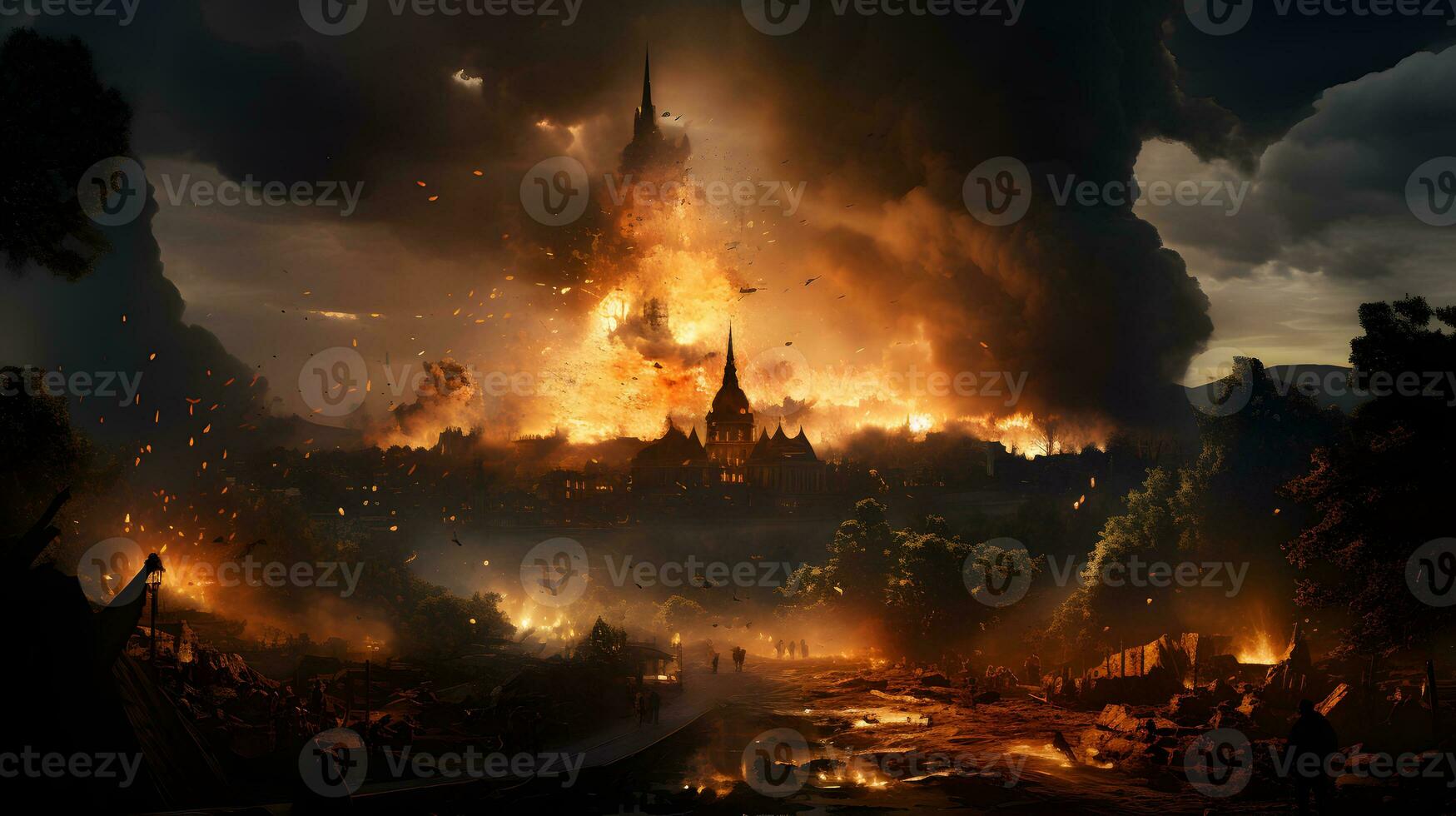 AI generated City Burns After Missile Explodes During War. Doomsday Disaster. Generative Ai photo