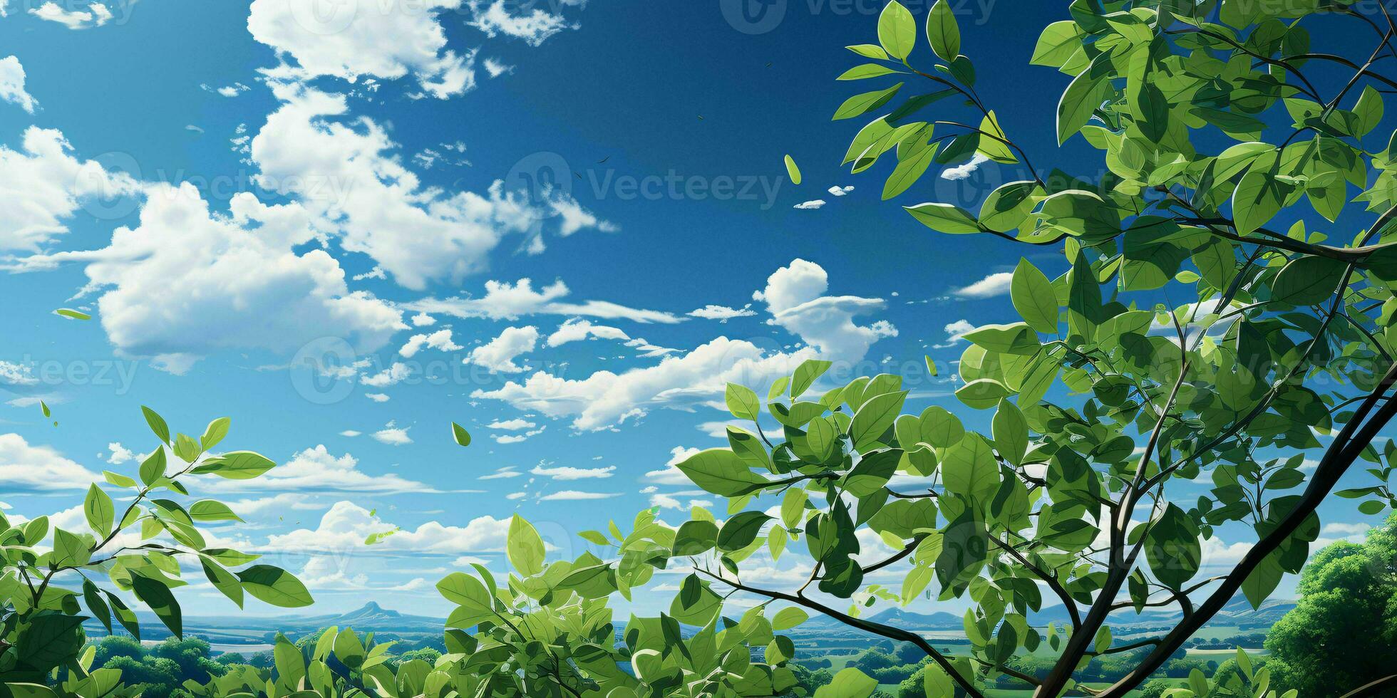 AI generated Fresh Green Leaves with Cloudy Blue Sky View. Generative AI photo