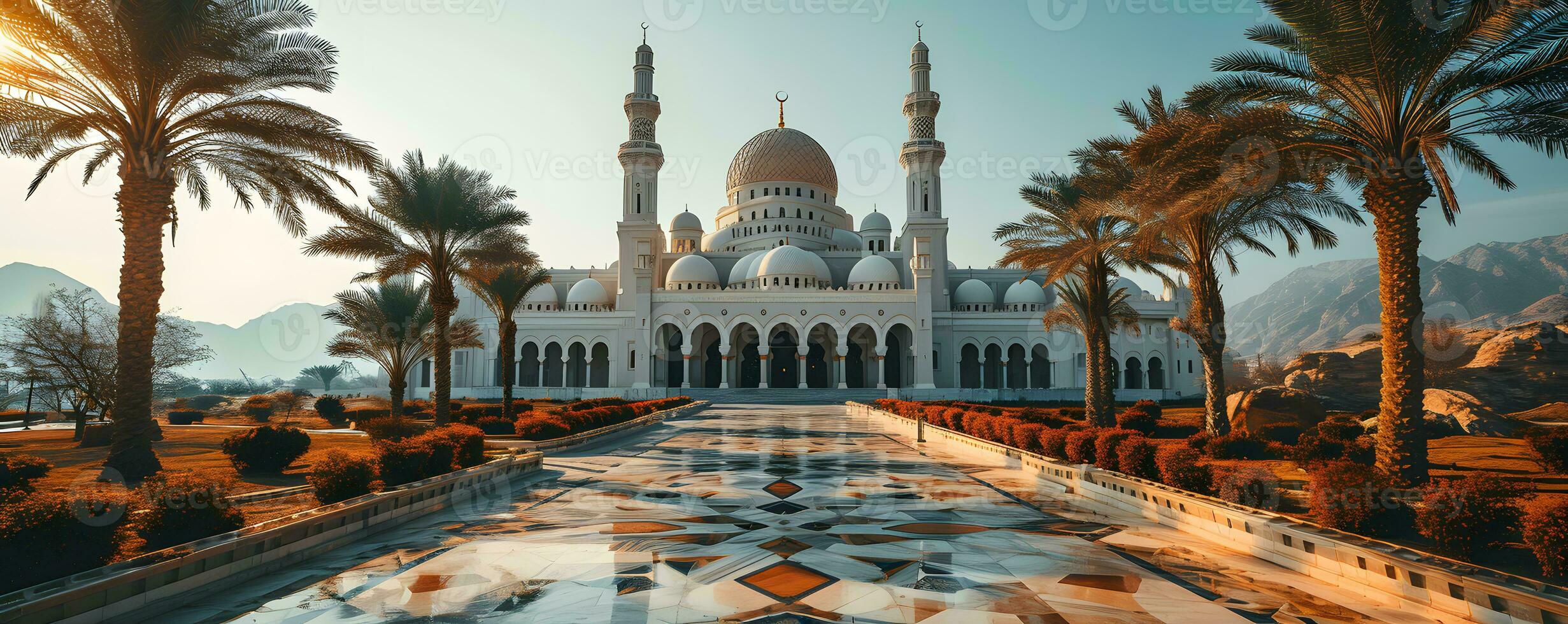 AI generated Beautiful Minimalist White Mosque in the Desert with Palm Tree and Sky Views. Generative AI photo