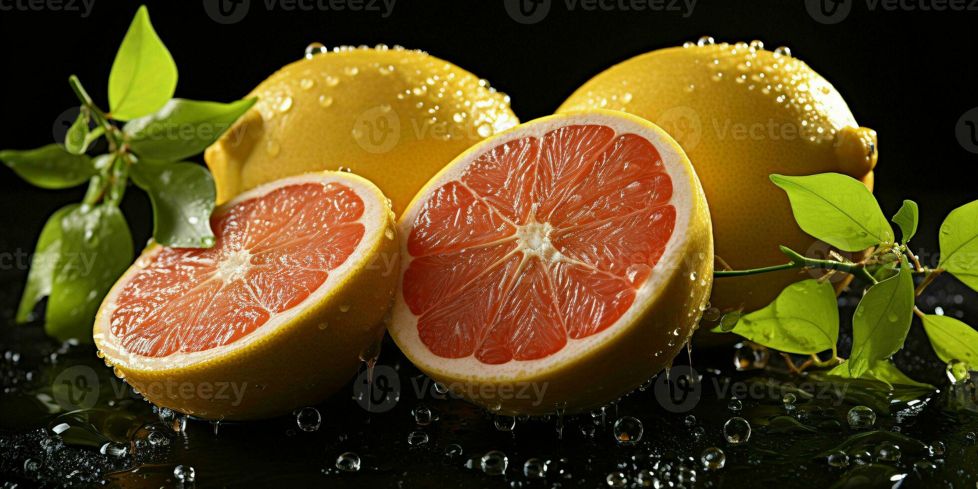 AI generated Sliced Fresh Grapefruits with Water Droplets. Pomelo Fruits. Generative AI photo