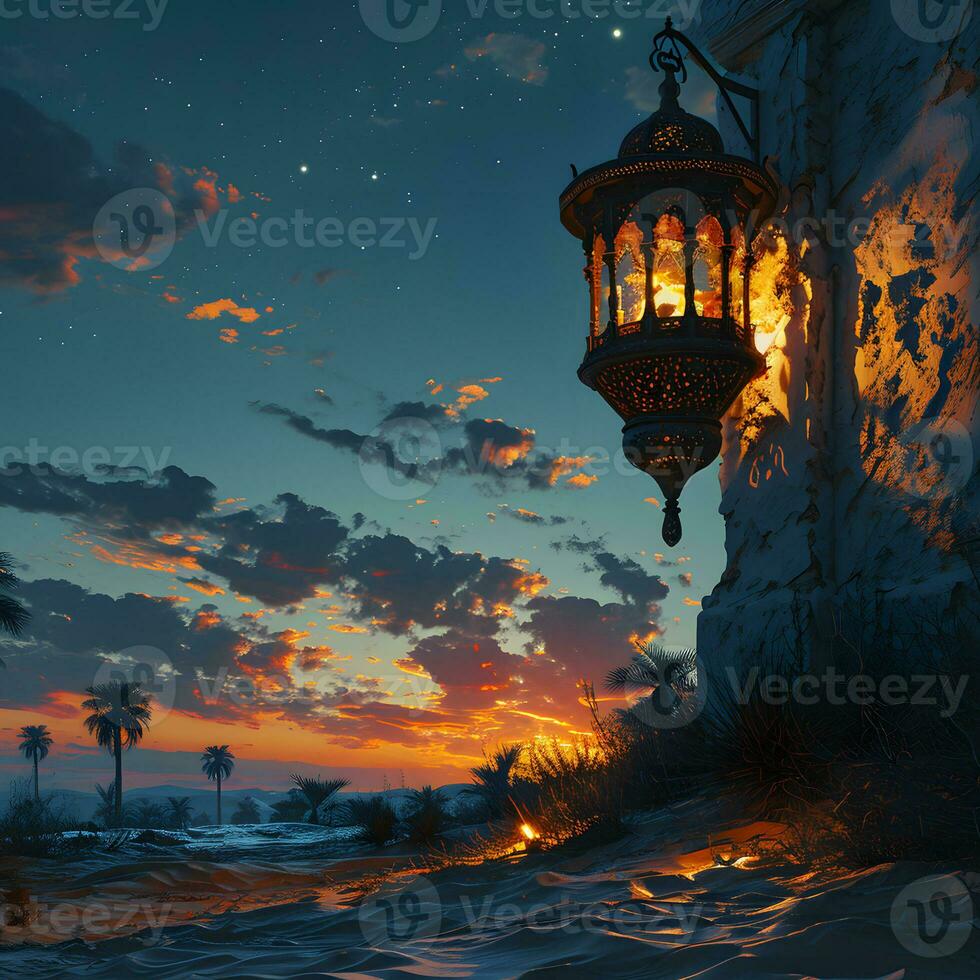 AI generated Arabic Lantern in the Desert at Sunset. Ramadan Kareem Background. Muslim Holy Month. Generative Ai photo
