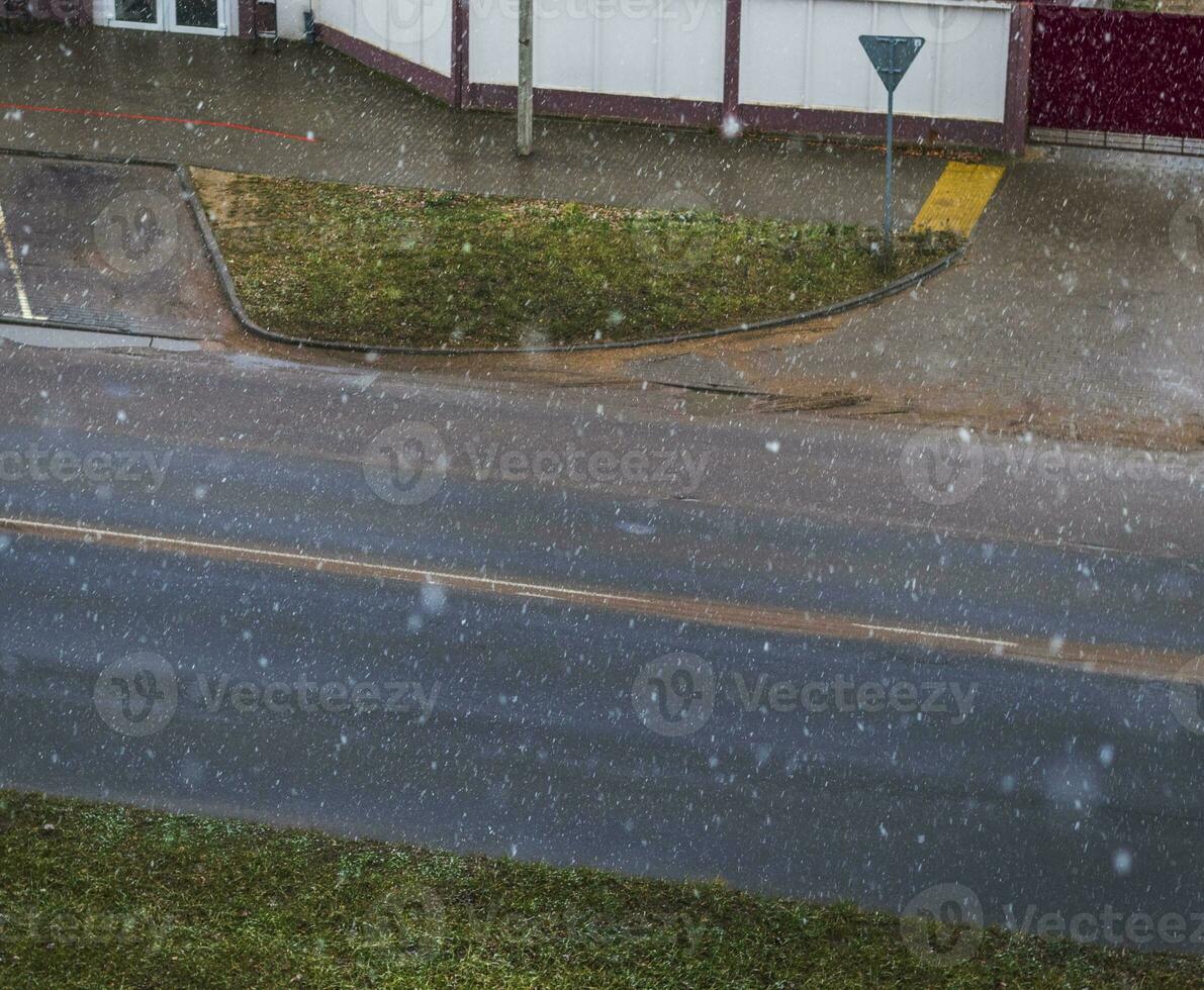 Image of the snowfall in the rural area of the city. Urban photo