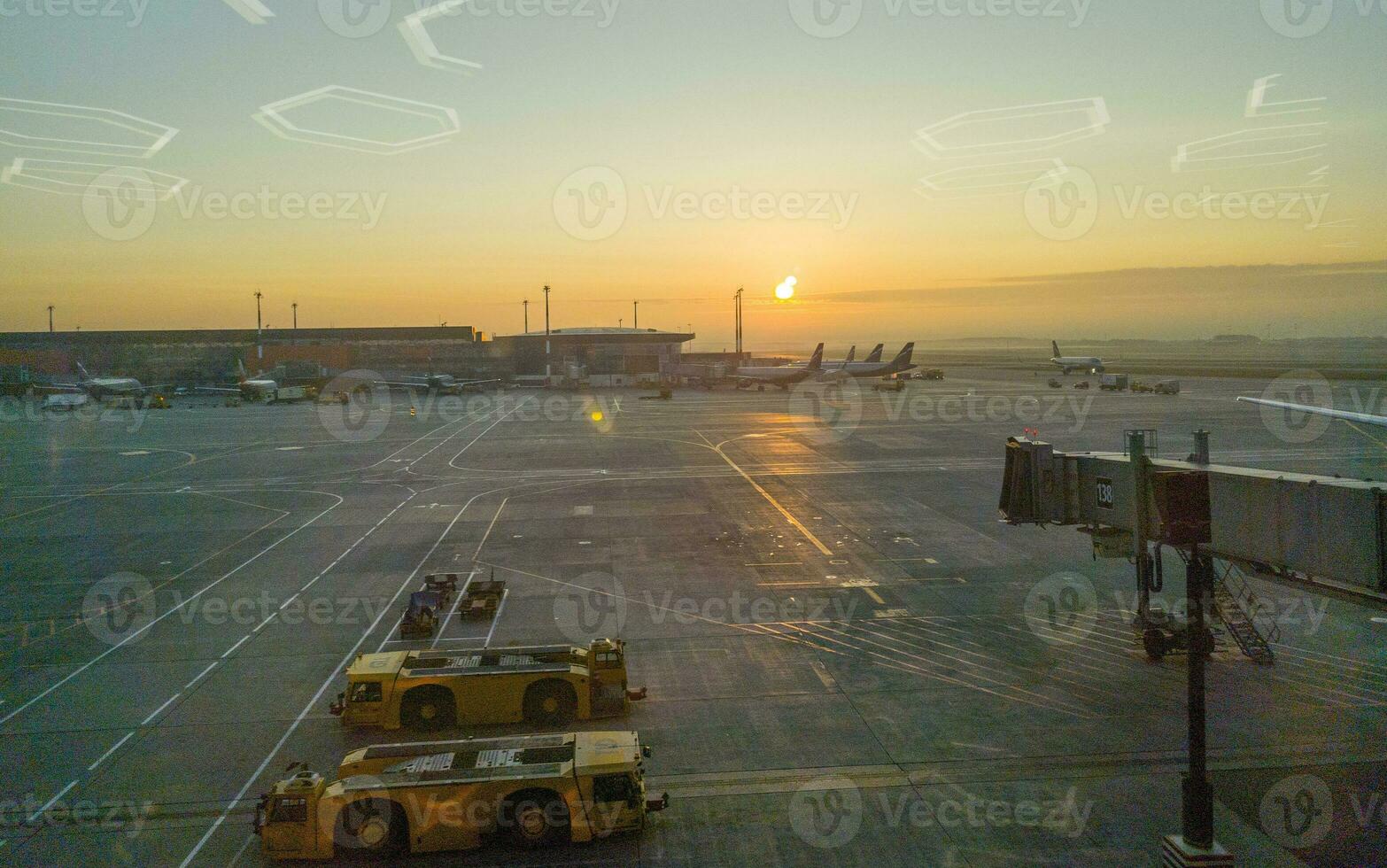 Ran way of the large international airport during sunrise. Aviation photo