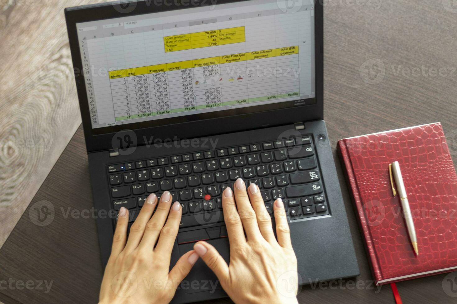 Shot of a woman working on the laptop showing an excel sheet on the screen with bank loan amortization table. Finance photo