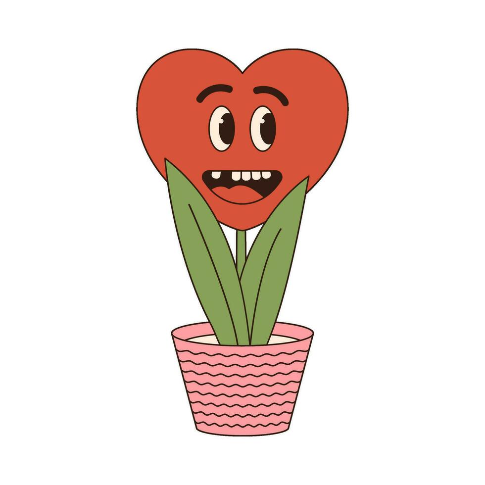 heart plant groovy retro icon Retro cartoon Valentines day element in trendy retro 60s 70s style. Vector illustration.