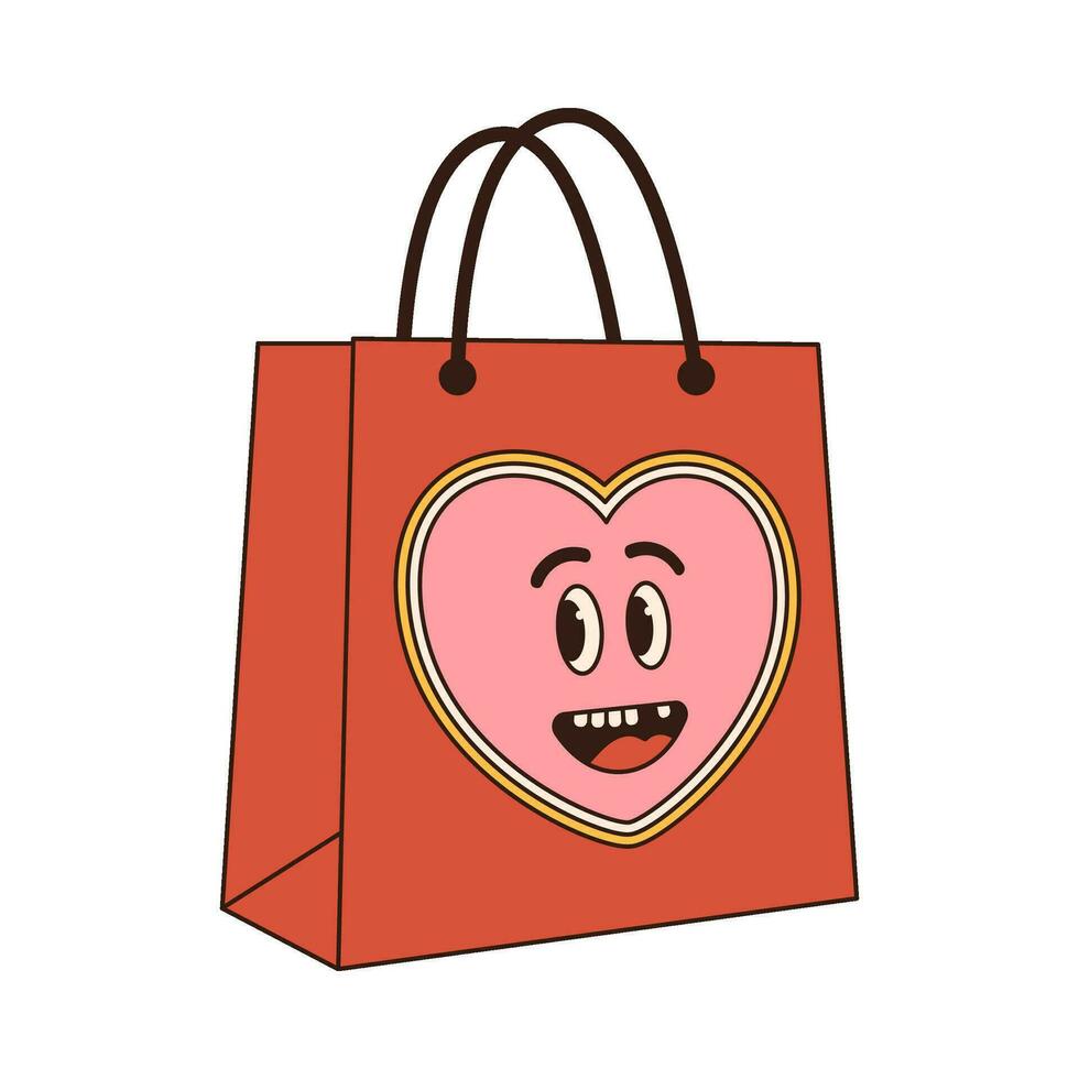 shopping bag groovy retro icon Retro cartoon Valentines day element in trendy retro 60s 70s style. Vector illustration.