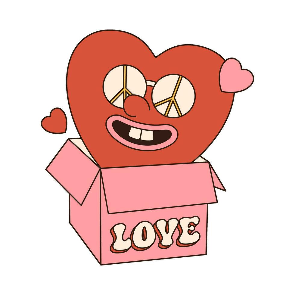 corazón regalo caja maravilloso retro icono retro dibujos animados san valentin día elemento en de moda retro 60s 70s estilo. vector ilustración.