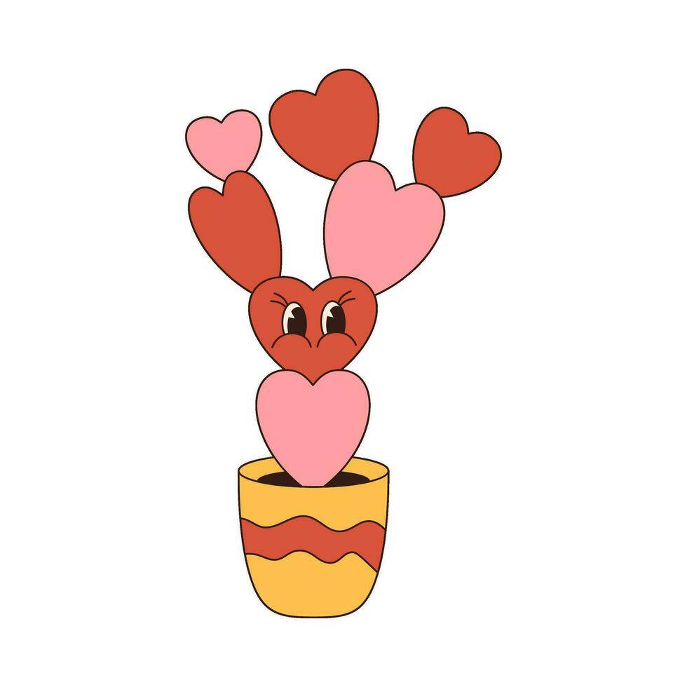 amor cactus maravilloso retro icono retro dibujos animados san valentin día elemento en de moda retro 60s 70s estilo. vector ilustración.