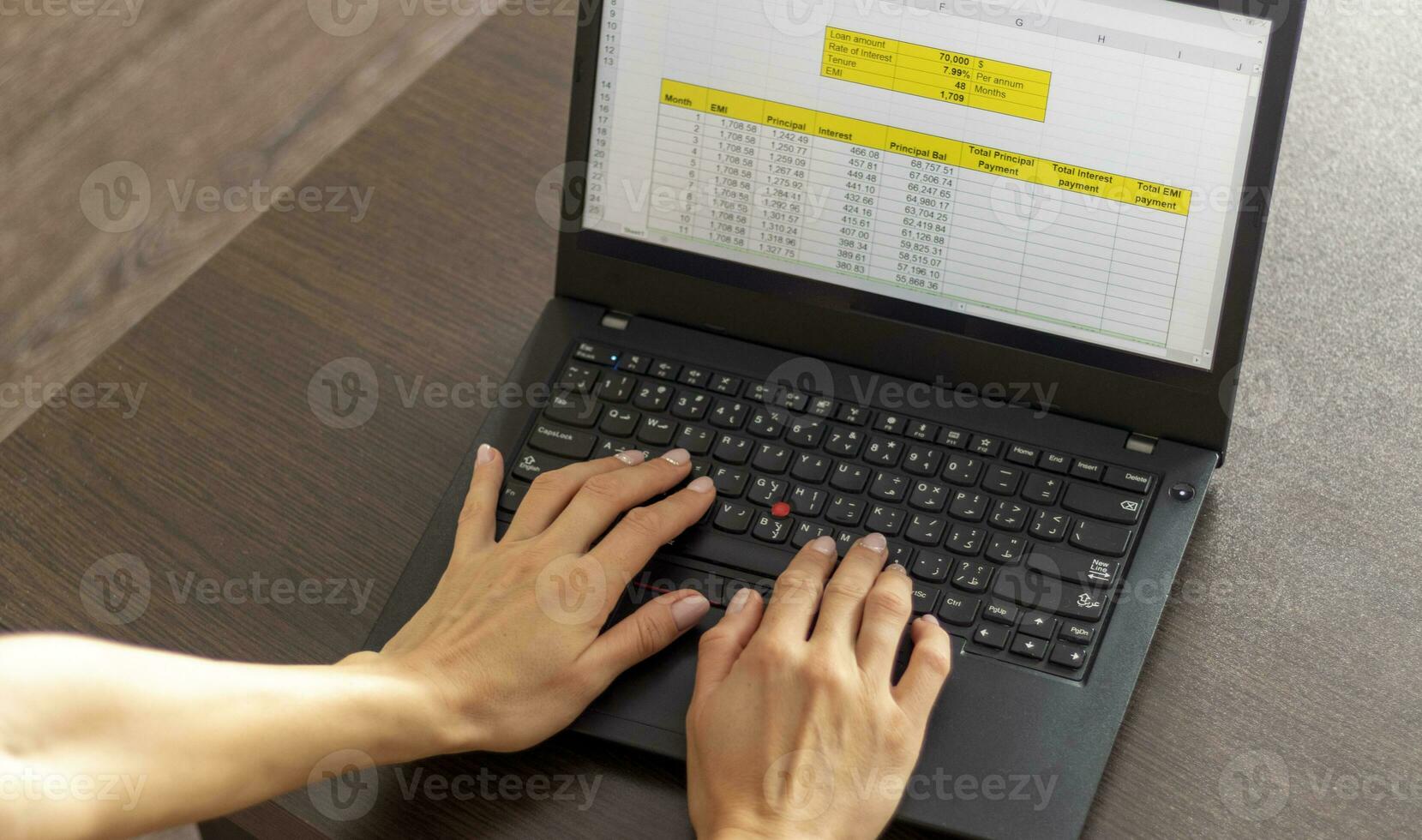 Shot of a woman working on the laptop showing an excel sheet on the screen with bank loan amortization table. Accounting photo