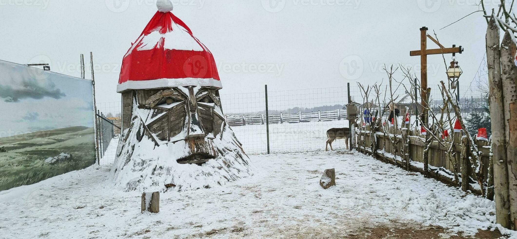 Shot of the outdoor winter scene in the rural village. Outdoor Christmas decorations. Nature photo