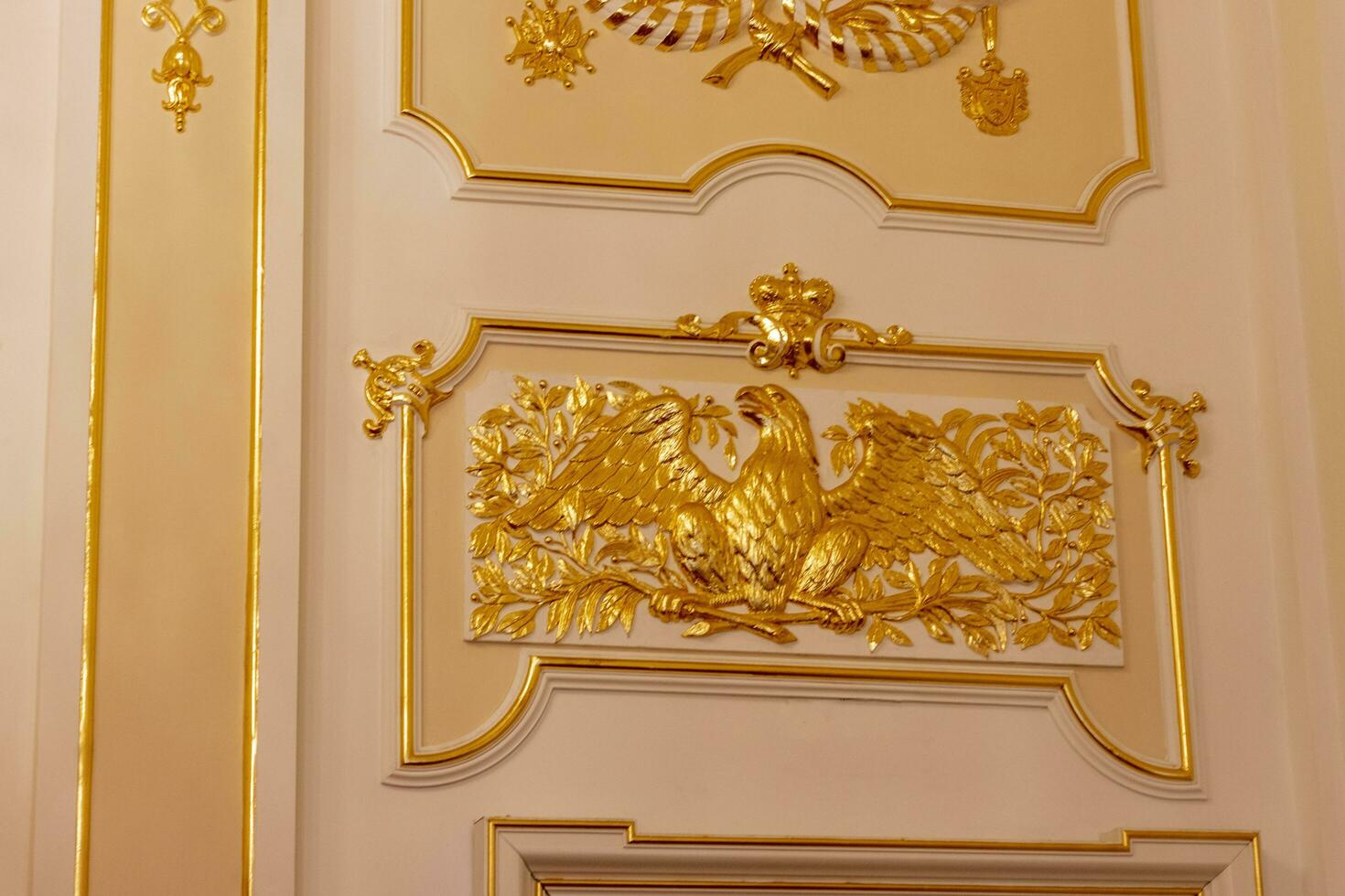 Nesvizh, Belarus - 08.23.2023 - Heraldic decorations on the walls of the Radzwill castle. History photo