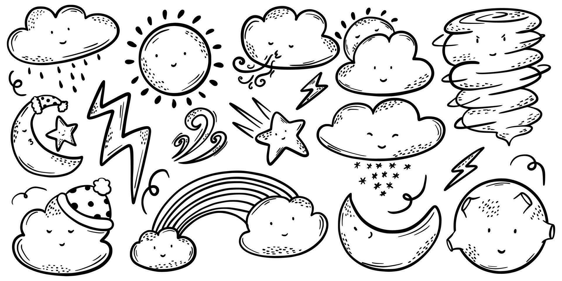 Weather emoticon flat icon set. Cartoon rainbow, rain and snow clouds, sun, moon, star, lightening, wind isolated vector illustration. Meteorology and sky concept