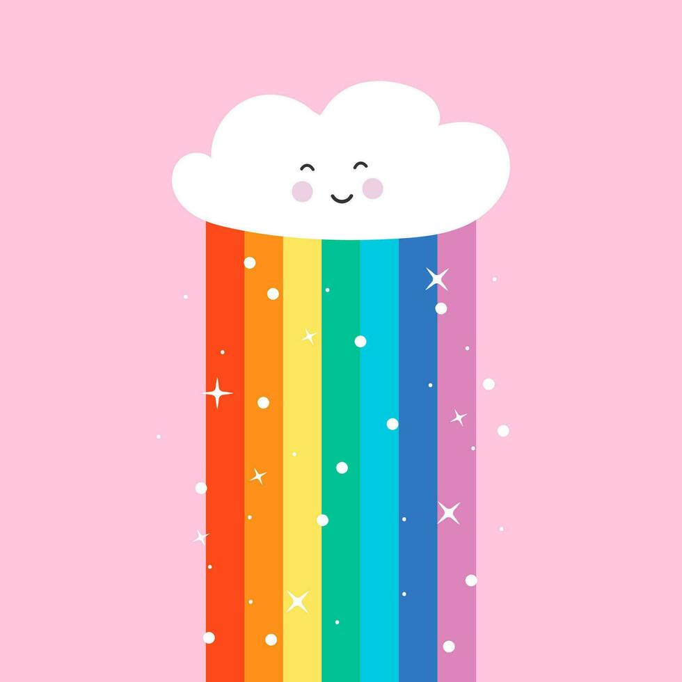 Cute cloud with a rainbow. Shine. Sky. Pink background. Baby cute vector illustration.