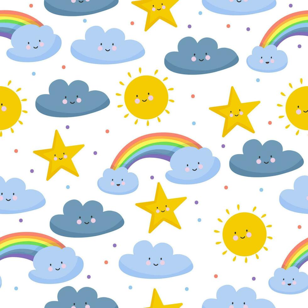 Cute clouds pattern. Vector illustration seamless. Sun, clouds, sky. For printing use