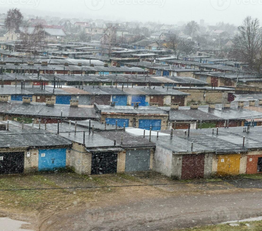 Image of the snowfall in the rural area of the city. Urban photo