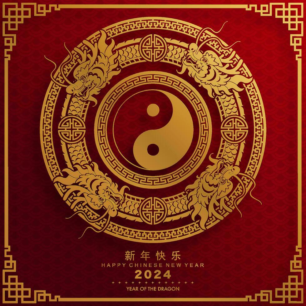 Happy chinese new year 2024 the dragon zodiac sign with flower,lantern,asian elements gold paper cut style on color background. vector