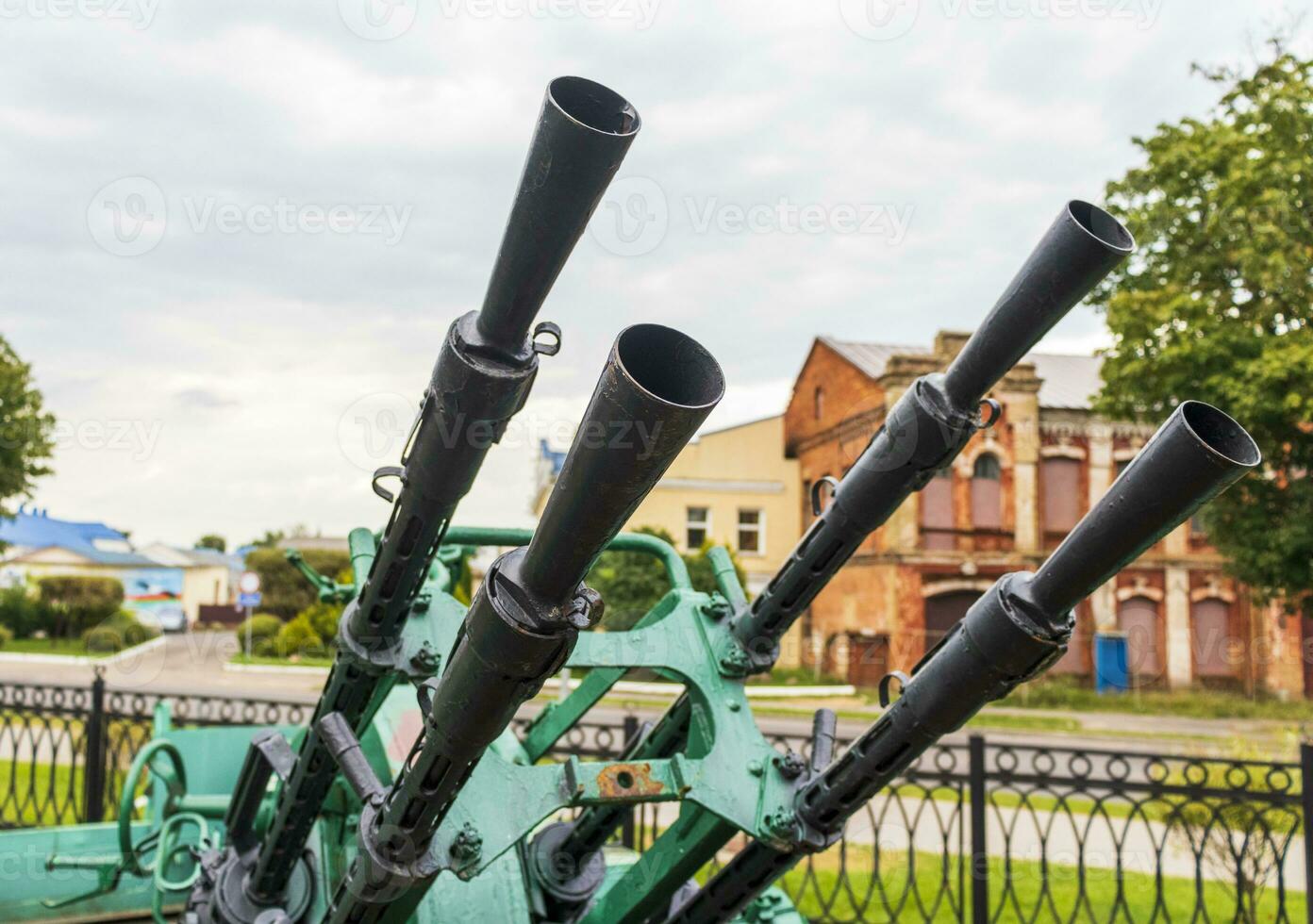 Shot of the vintage old military train with machine gun installed on it. History photo