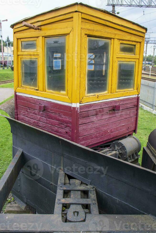 Shot of the vintage old construction train designed to remove the snow from the rails. Technology photo