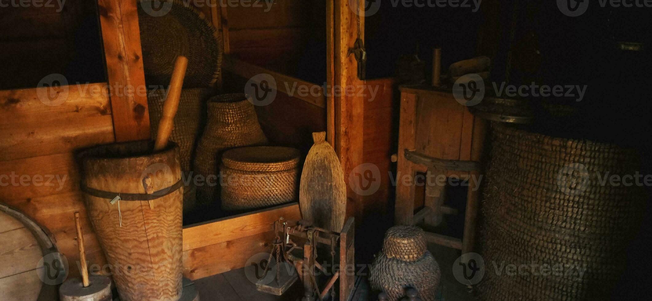 Close up shot of the vintage, rural household items. History photo