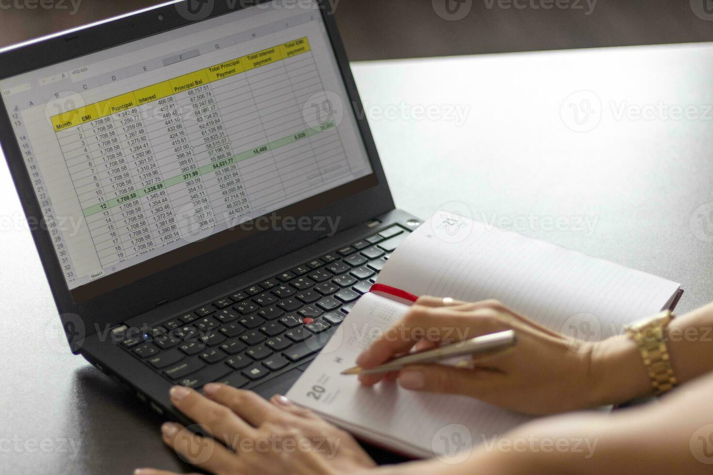 Shot of a woman working on the laptop showing an excel sheet on the screen with bank loan amortization table. Finance photo