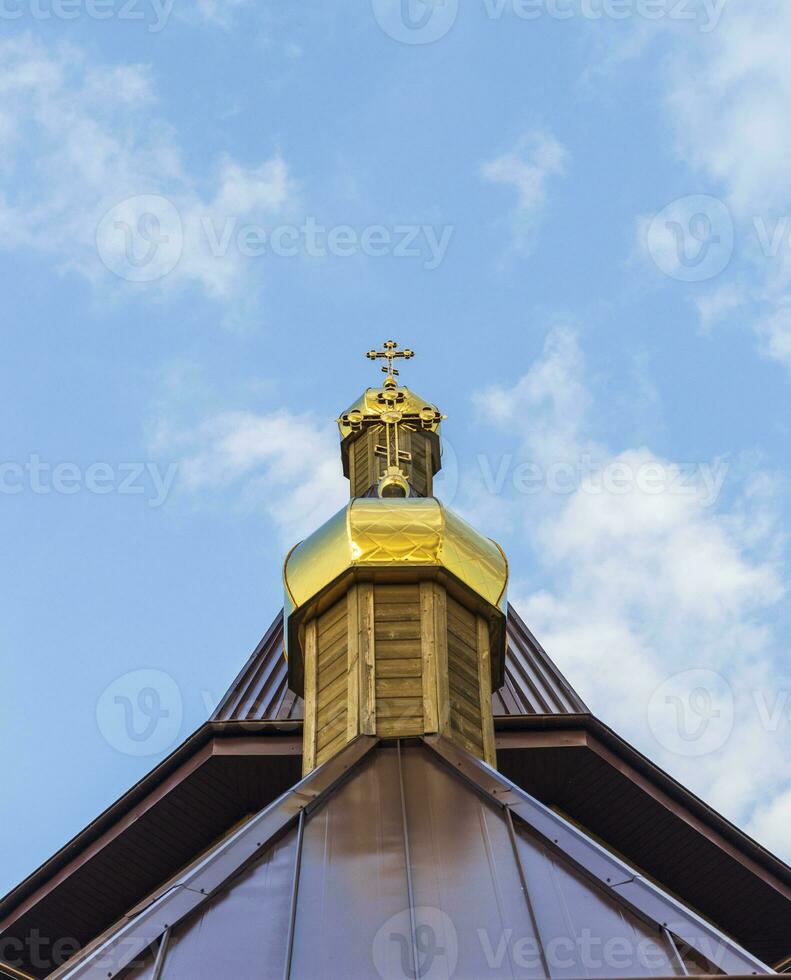 Shot of the domes of the old wooden orthodox church. Religion photo