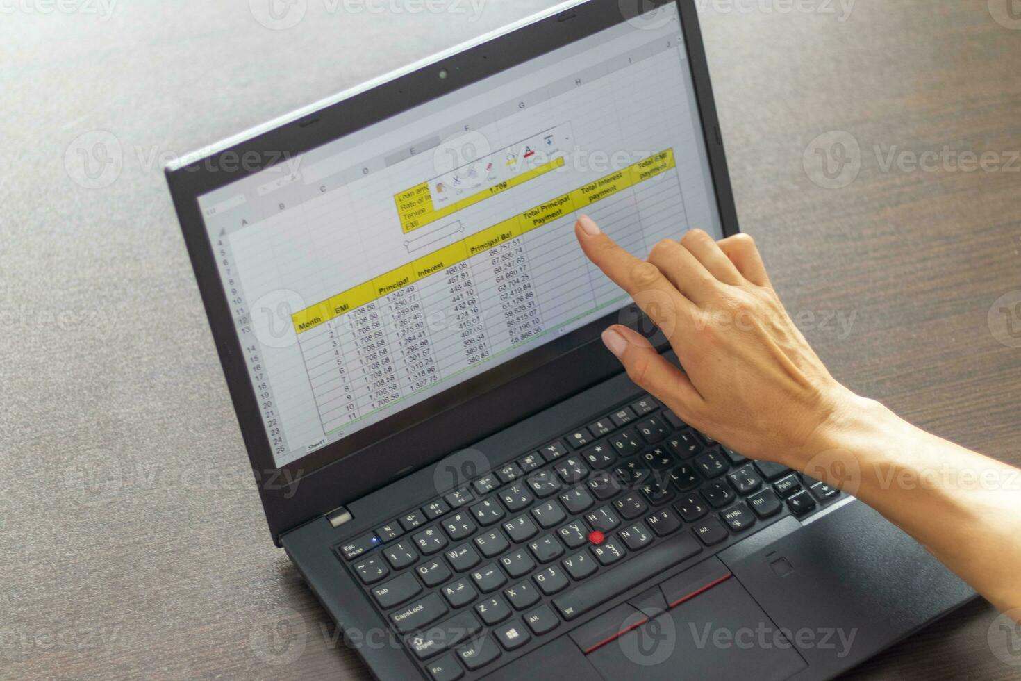 Shot of a woman working on the laptop showing an excel sheet on the screen with bank loan amortization table. Accounting photo