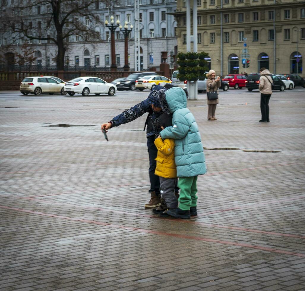 Minsk, Belarus - 12.27.2023 - Shot of the central square of the capital decorated for the new year celebrations. Landmarks photo