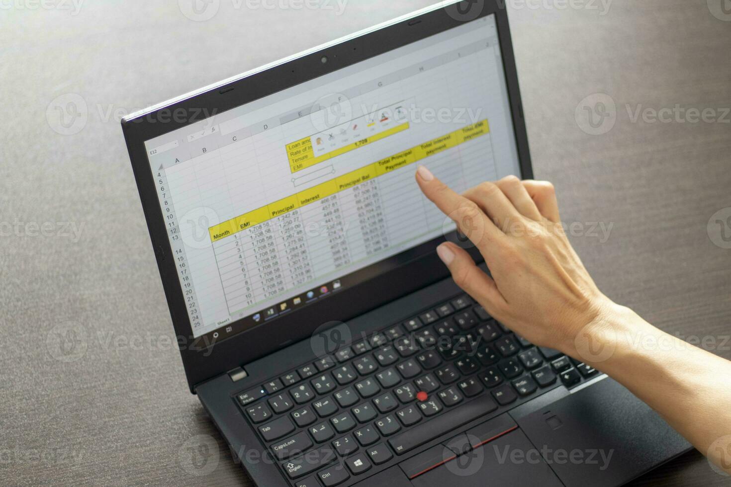 Shot of a woman working on the laptop showing an excel sheet on the screen with bank loan amortization table. Accounting photo