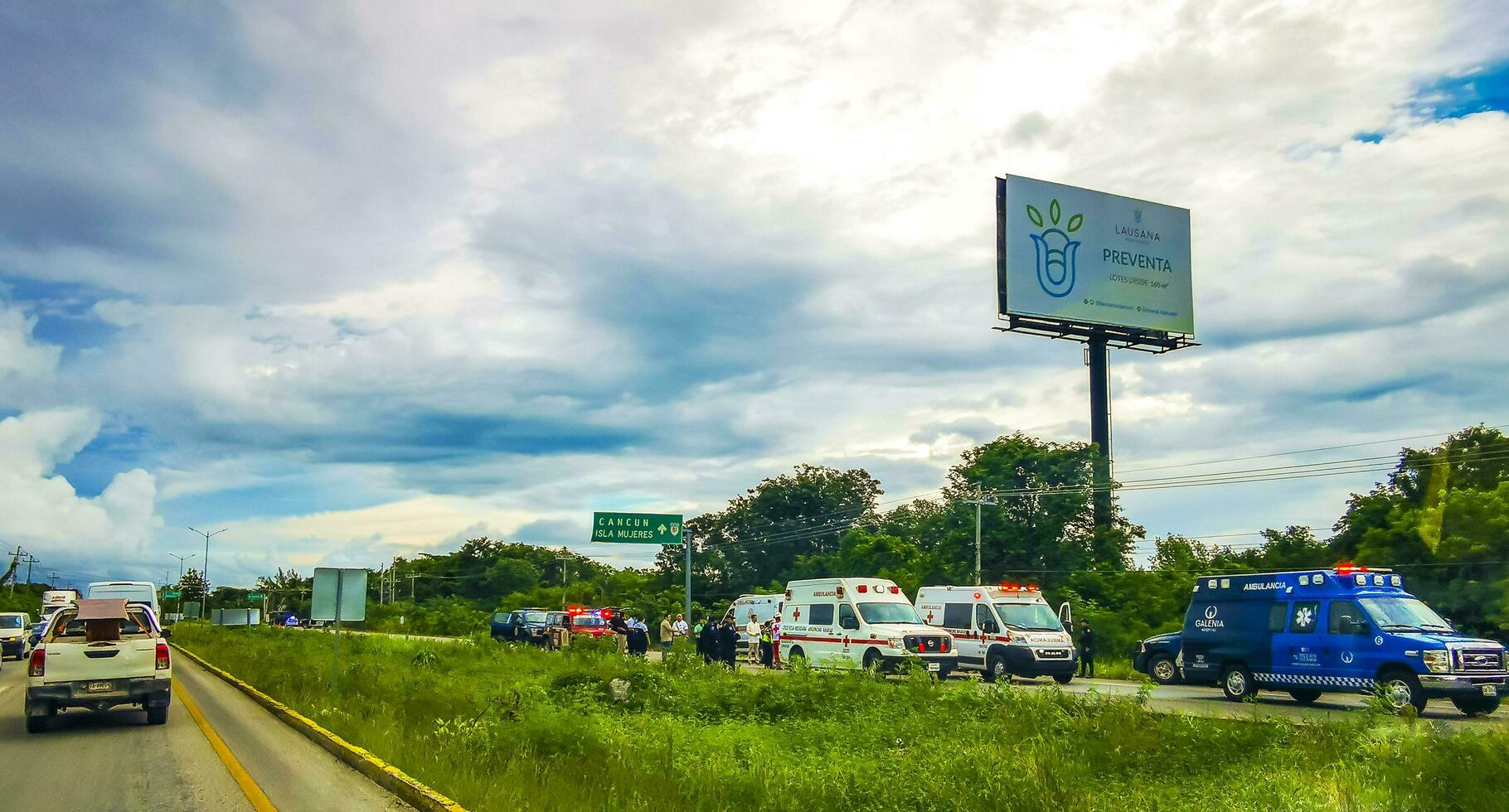 Playa del Carmen Quintana Roo Mexico 2023 Serious car accident Crash between bus and cars motorway Mexico. photo