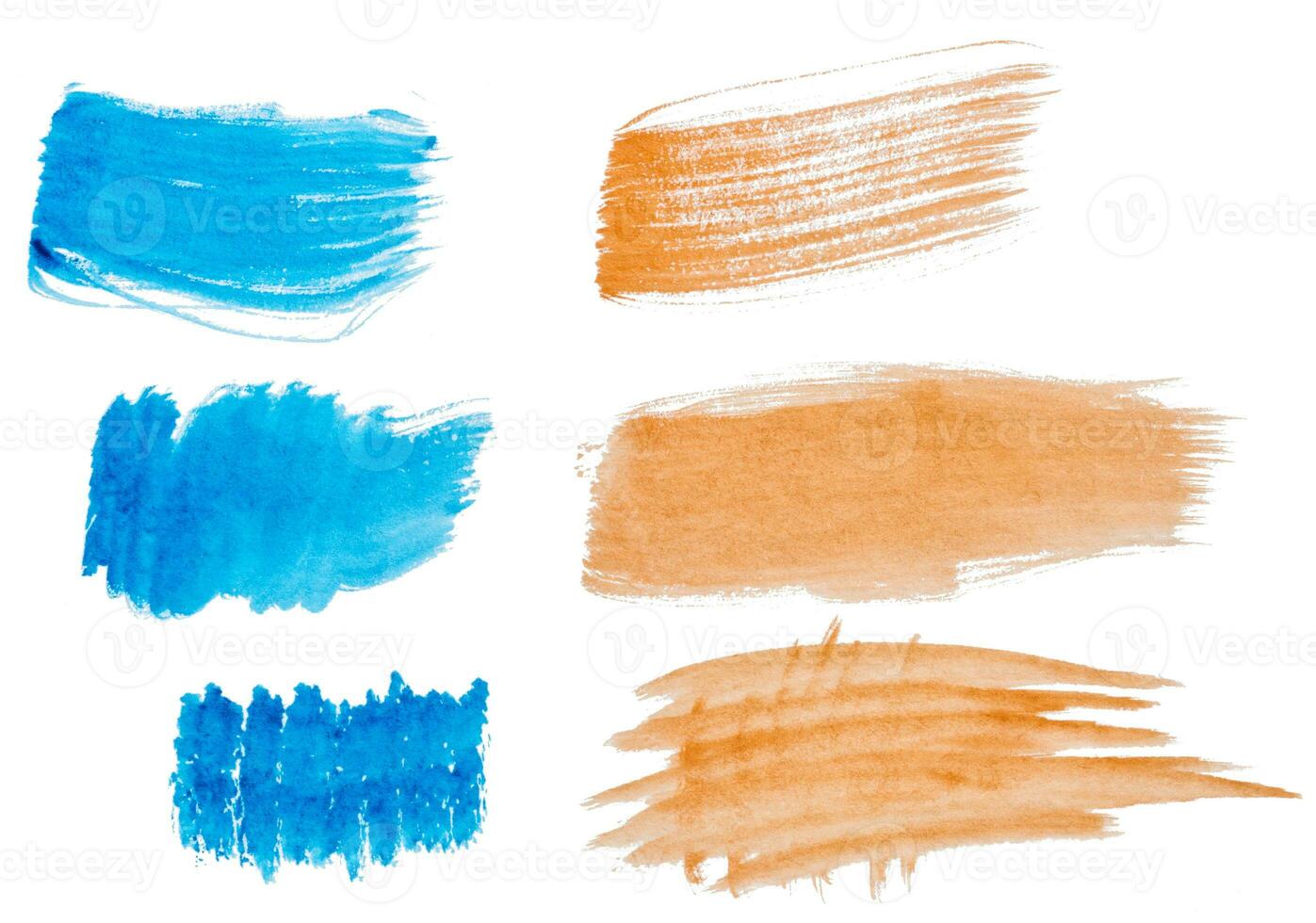 Watercolor brush stroke of blue and otange  paint, on a white isolated background photo