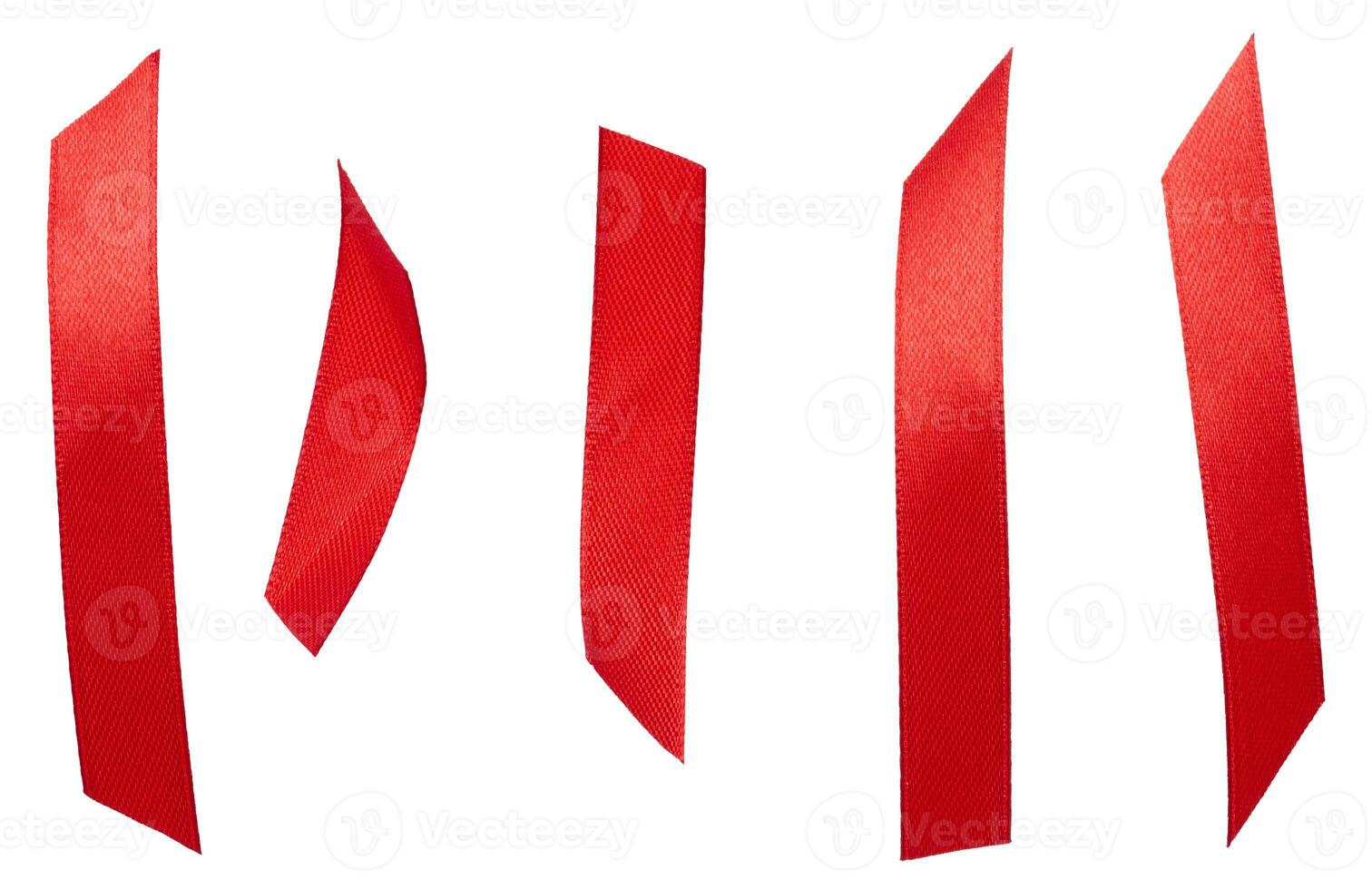 Pieces of red satin ribbon on isolated background, set photo