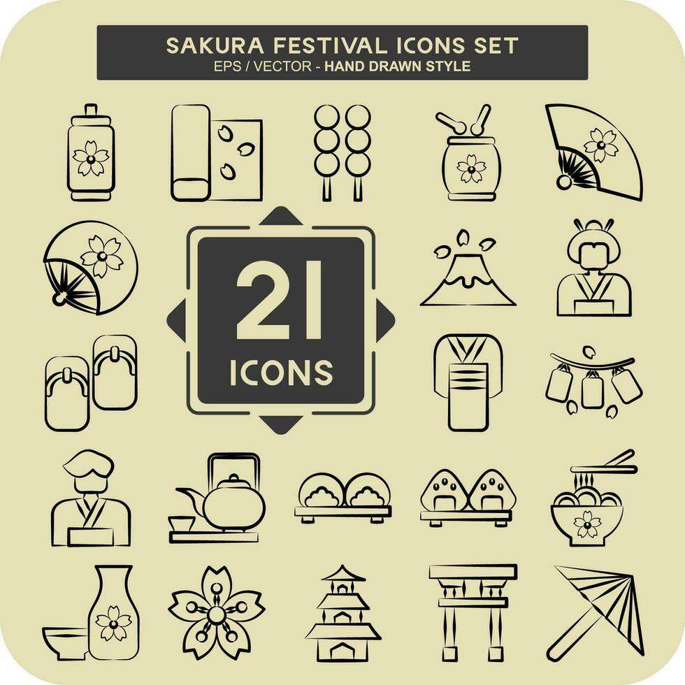 icono conjunto sakura festival. relacionado a Japón símbolo. mano dibujado estilo. sencillo diseño editable. sencillo ilustración vector
