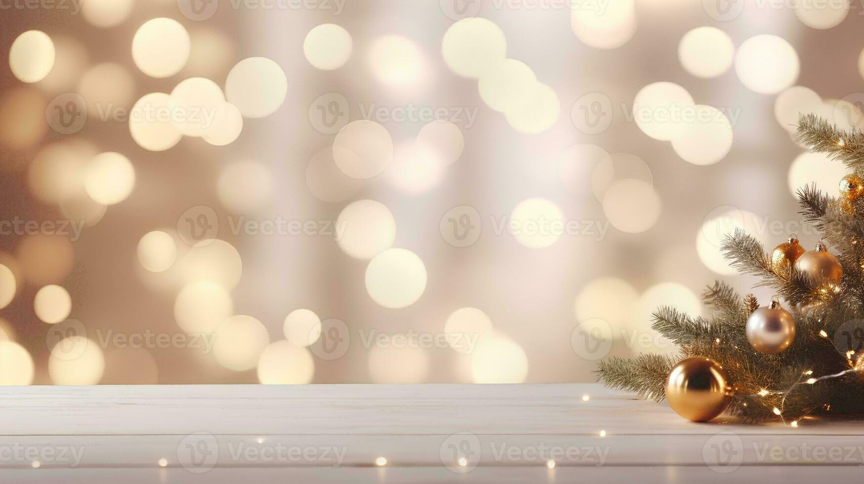 AI generated Empty white table with abstract christmas celebration decorations blurred background with lit christmas tree string lights photo