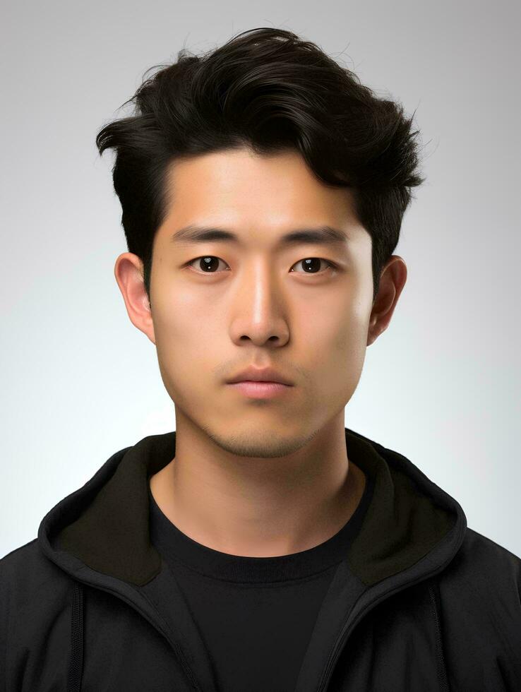 AI generated Portrait of a young japanese man, no facial expression, half body shot, facing the camera, photo, isolated white background, AI Generative photo