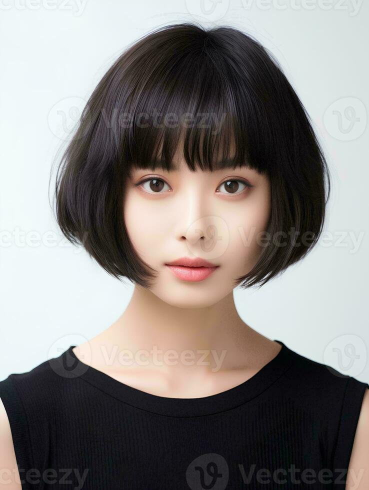 AI generated Portrait of beautiful Japanese woman with short bob haircut, isolated white background, AI Generative photo