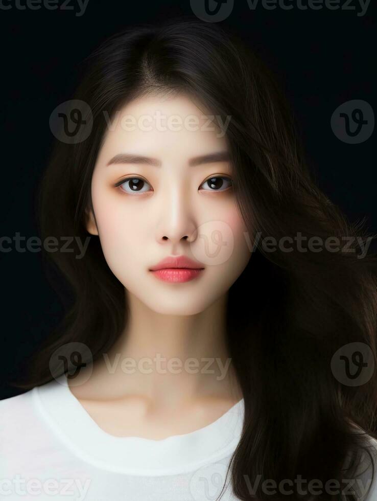 AI generated Close-up portrait of white and clean young Japanese female beauty model, studio photo, isolated black background, AI generative photo