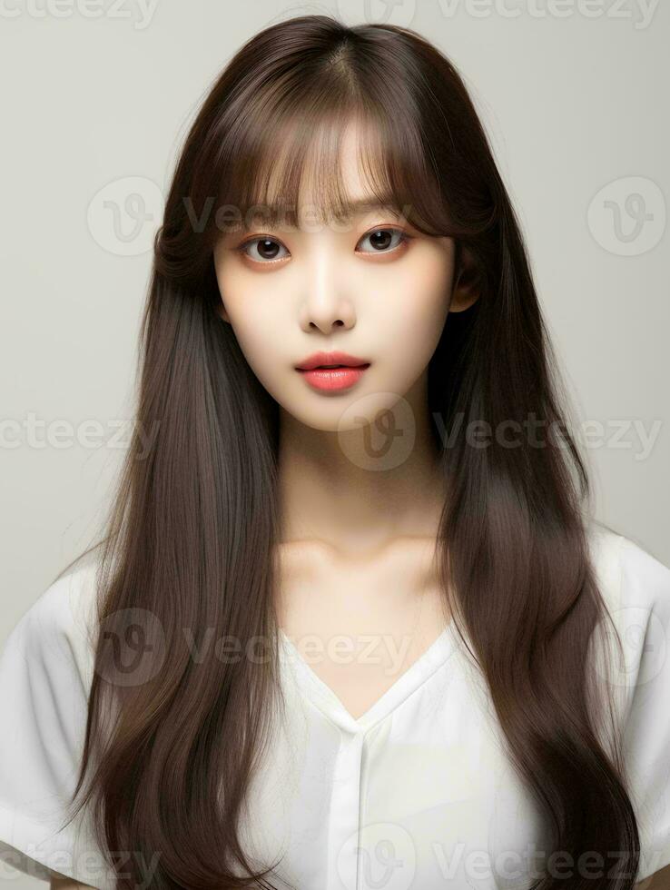 AI generated Portrait of beautiful young Korean woman with long straight hair with soft bangs, AI Generative photo
