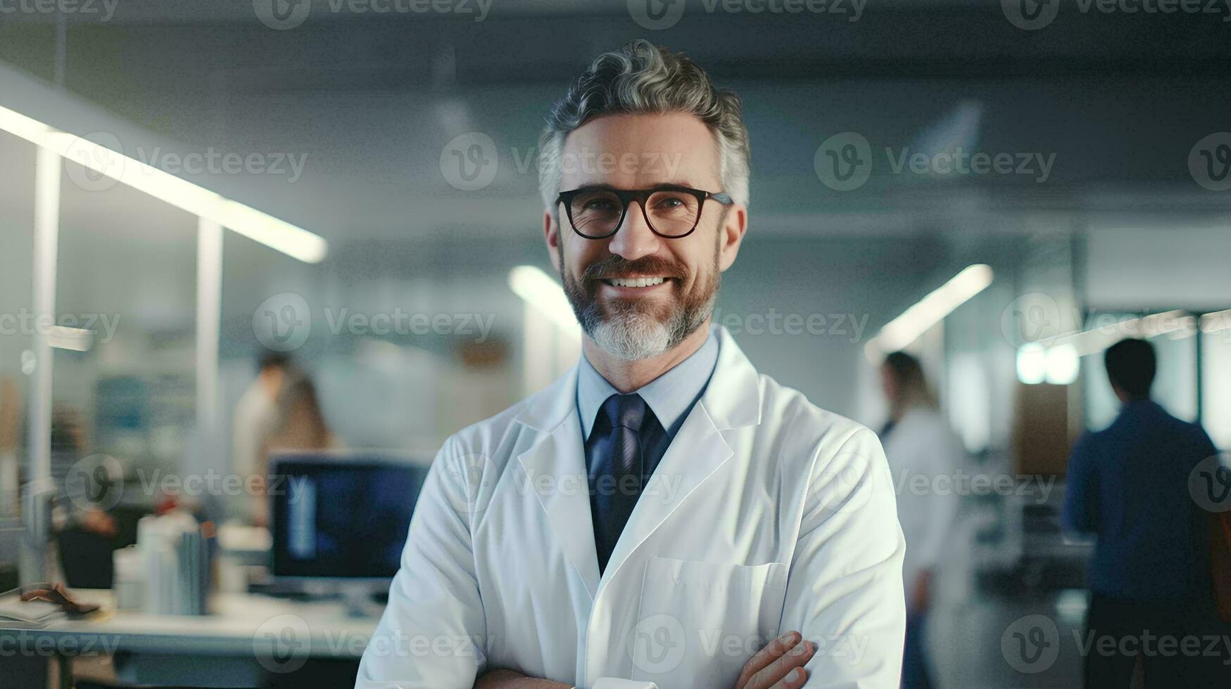 AI generated Mature male doctor wearing a white coat and glasses in a modern Medical Science Laboratory with a team of Specialists in the background photo