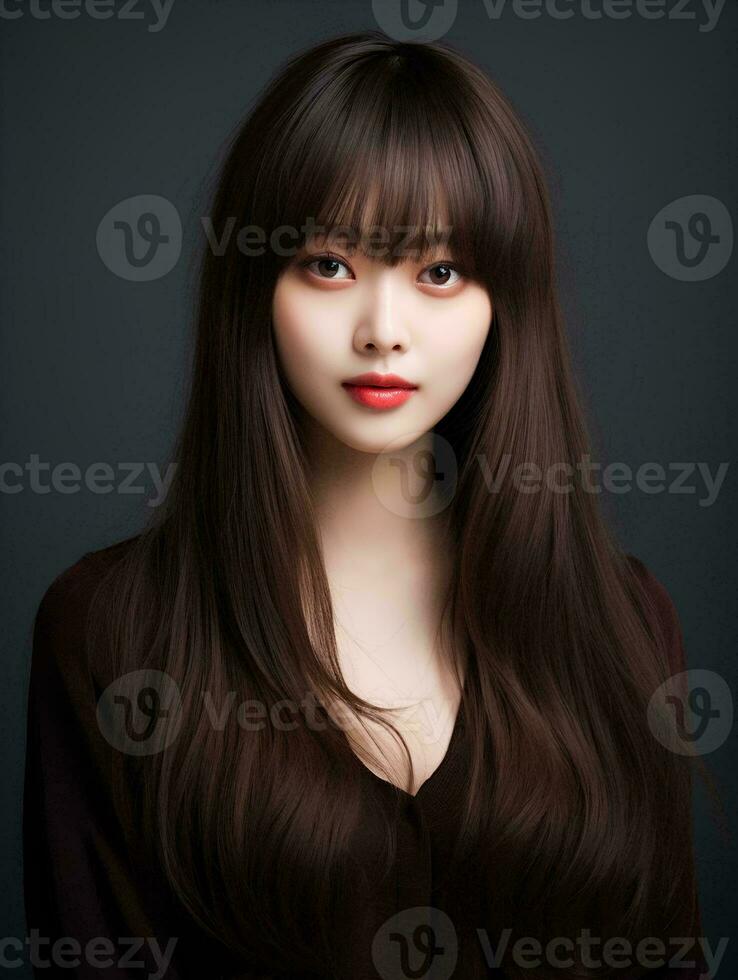 AI generated Portrait of beautiful young Korean woman with long straight hair with soft bangs, AI Generative photo