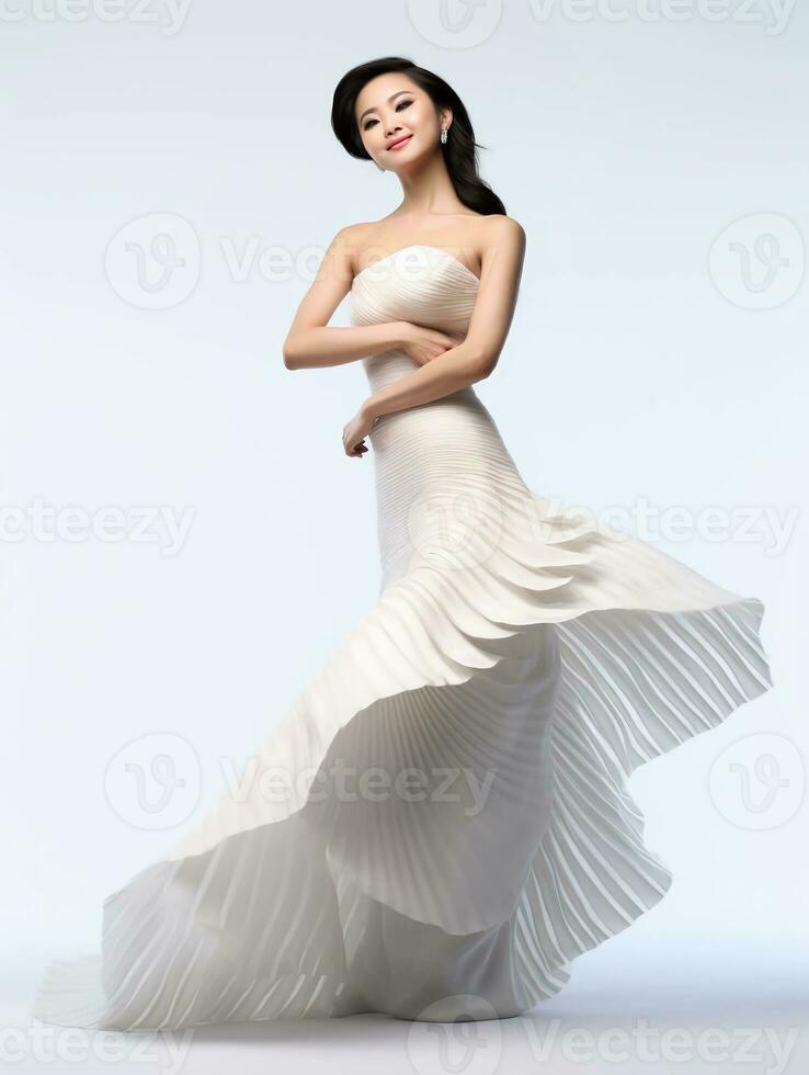 AI generated Beauty model portrait of young Asian woman with white and clean skin wearing a betta tail dress, beautiful smile expression, graceful pose, AI Generative photo