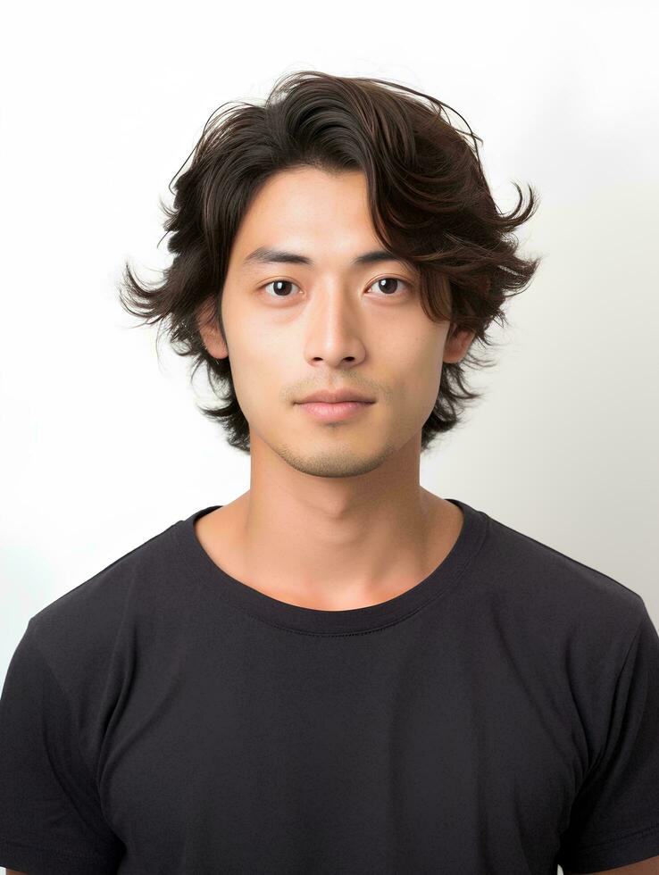 AI generated Portrait of a young japanese man, no facial expression, half body shot, facing the camera, photo, isolated white background, AI Generative photo