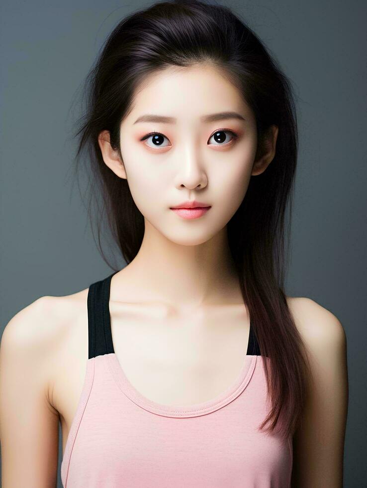 AI generated Portrait of young Japanese woman wearing tank top, thin body, shiny skin, beautiful eyes, pink lips, rosy cheeks makeup, AI Generative photo