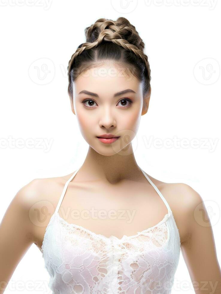 AI generated Portrait of beautiful Japanese woman with braided hair wearing ballet dress, isolated white background, AI Generative photo